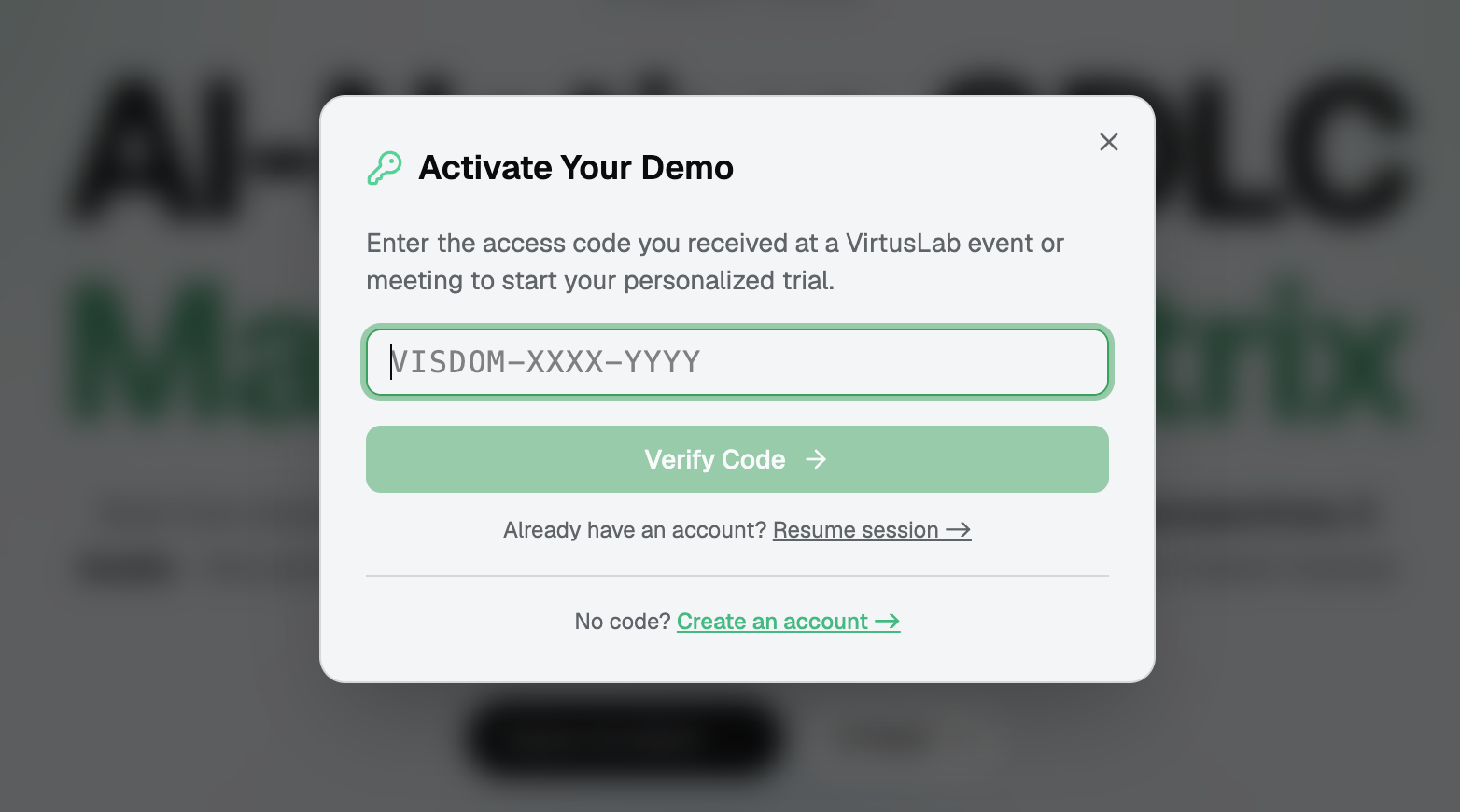 The 'Activate Your Demo' dialog in the AI Maturity Matrix, where you enter the access code received from VirtusLab to start your trial.