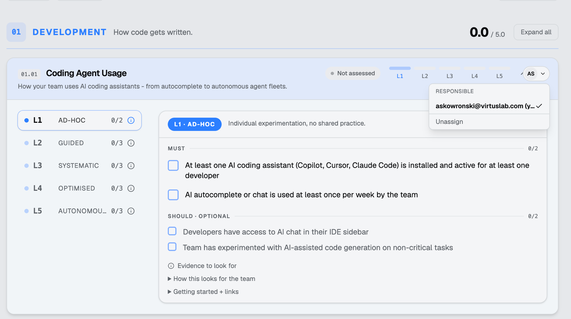 Assigning a colleague as the responsible owner of a matrix section, using the per-section assignment menu in the AI Maturity Matrix.
