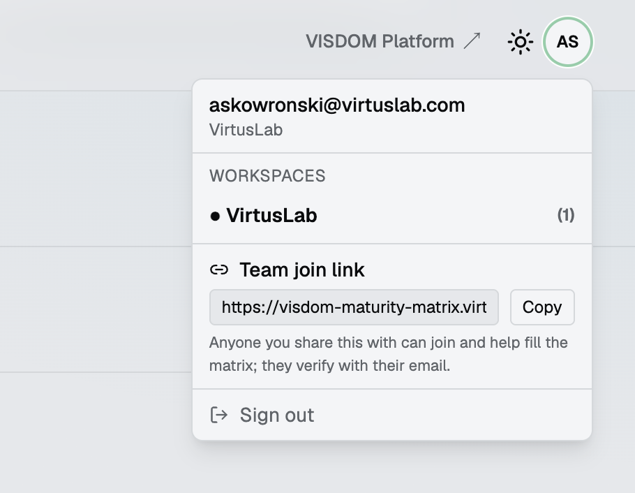 The account menu in the AI Maturity Matrix showing the team join link that colleagues use to join the workspace.